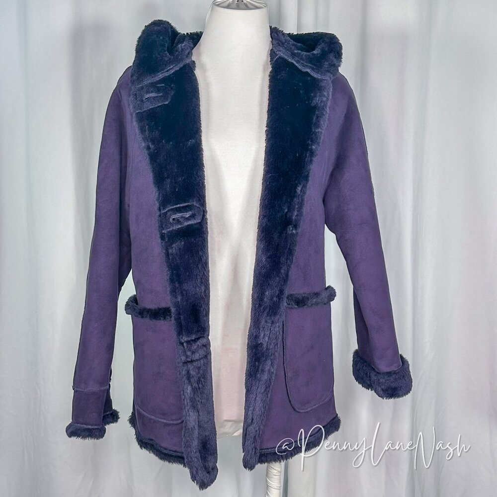 Larry Levine Sport Suede Faux Lined Hooded Pea Coat Purple - Picture 2 of 12